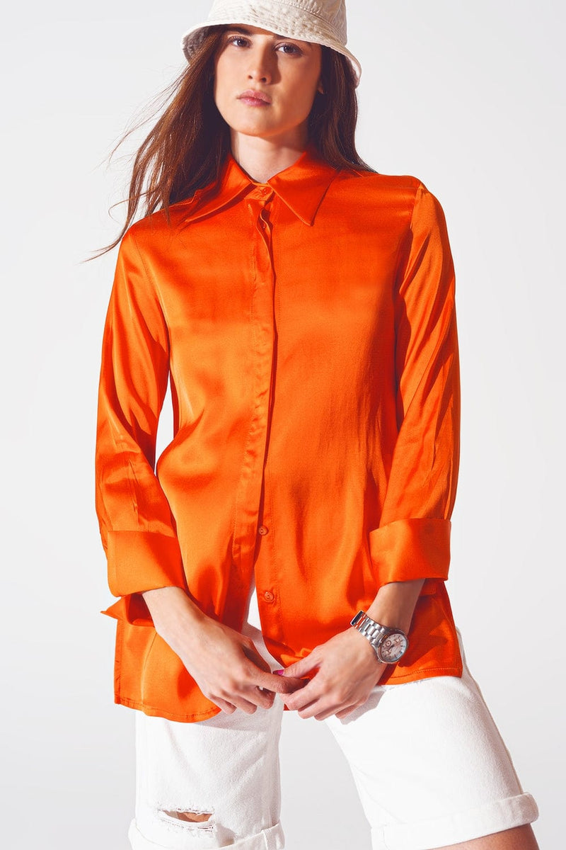 Q2 Women's Blouse Satin Shirt with Split Cuff in Orange