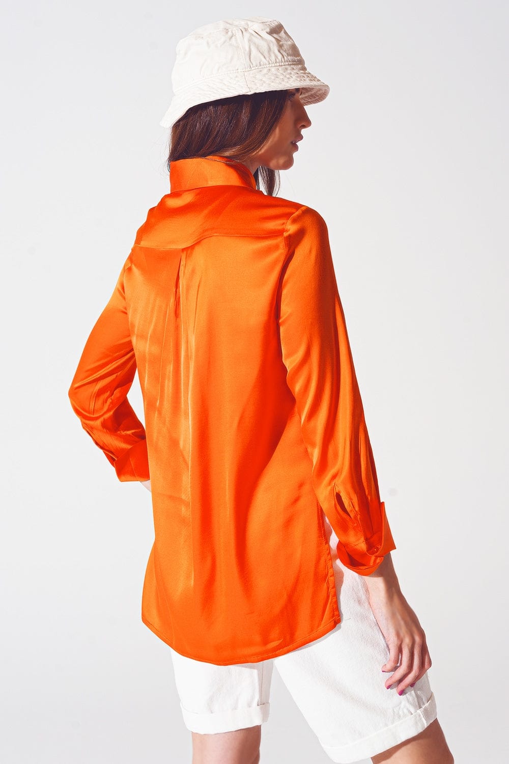Q2 Women's Blouse Satin Shirt with Split Cuff in Orange