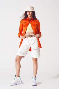 Q2 Women's Blouse Satin Shirt with Split Cuff in Orange