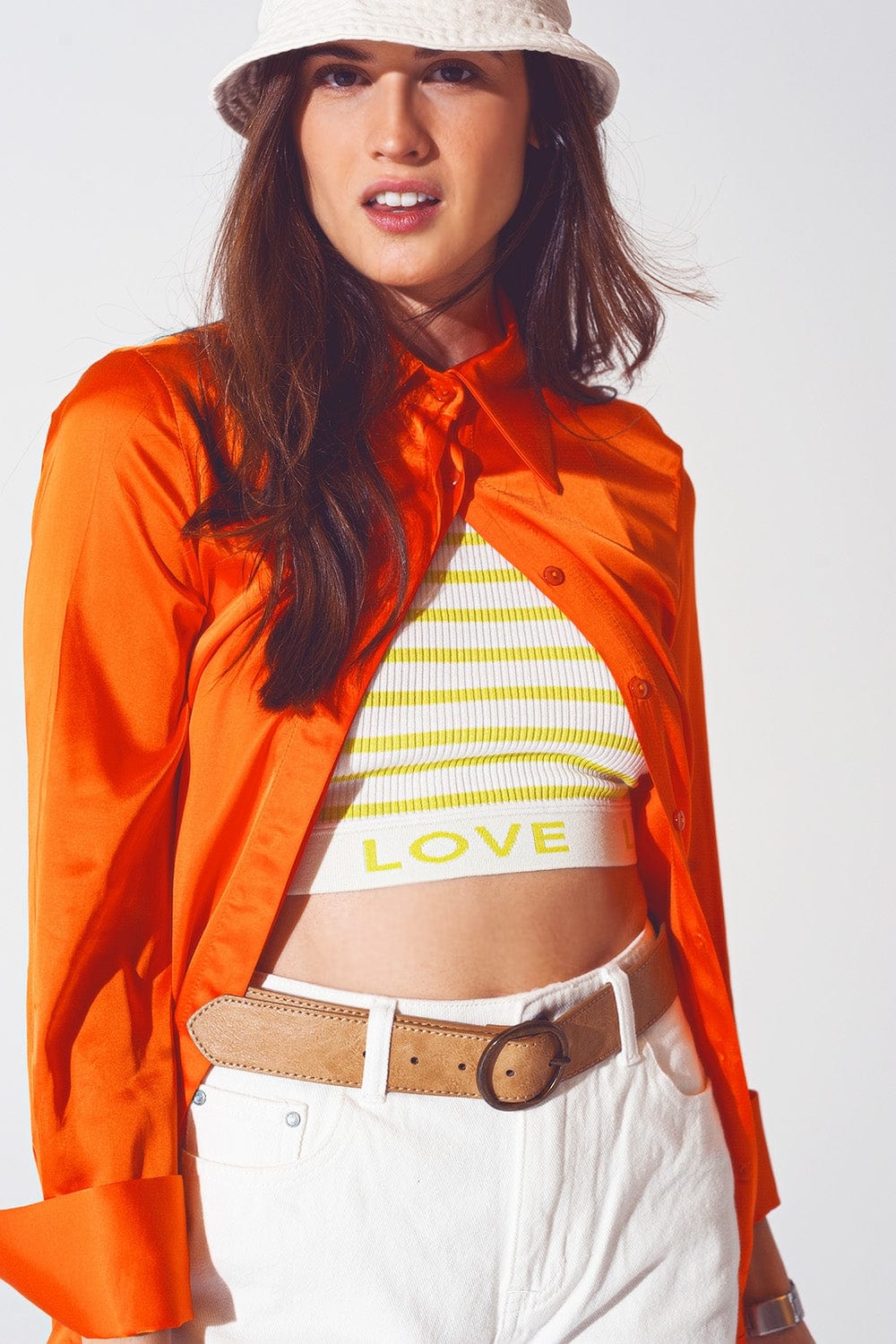 Q2 Women's Blouse Satin Shirt with Split Cuff in Orange