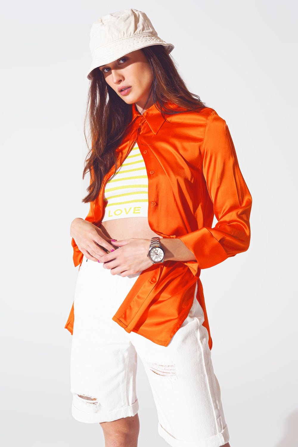 Q2 Women's Blouse Satin Shirt with Split Cuff in Orange