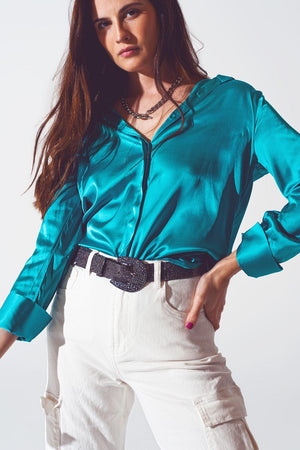 Q2 Women's Blouse Satin Shirt With Split Cuff In Turquoise