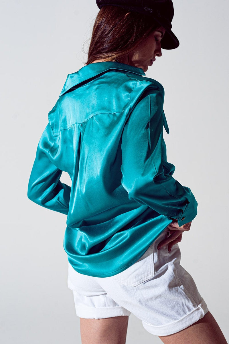 Q2 Women's Blouse Satin Shirt With Split Cuff In Turquoise