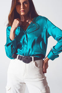 Q2 Women's Blouse Satin Shirt With Split Cuff In Turquoise