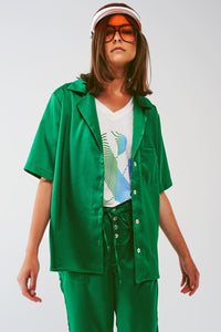 Q2 Women's Blouse Satin Short Sleeve Shirt in Green