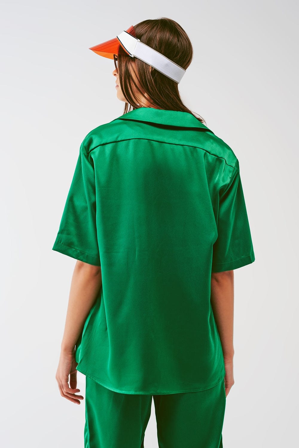 Q2 Women's Blouse Satin Short Sleeve Shirt in Green