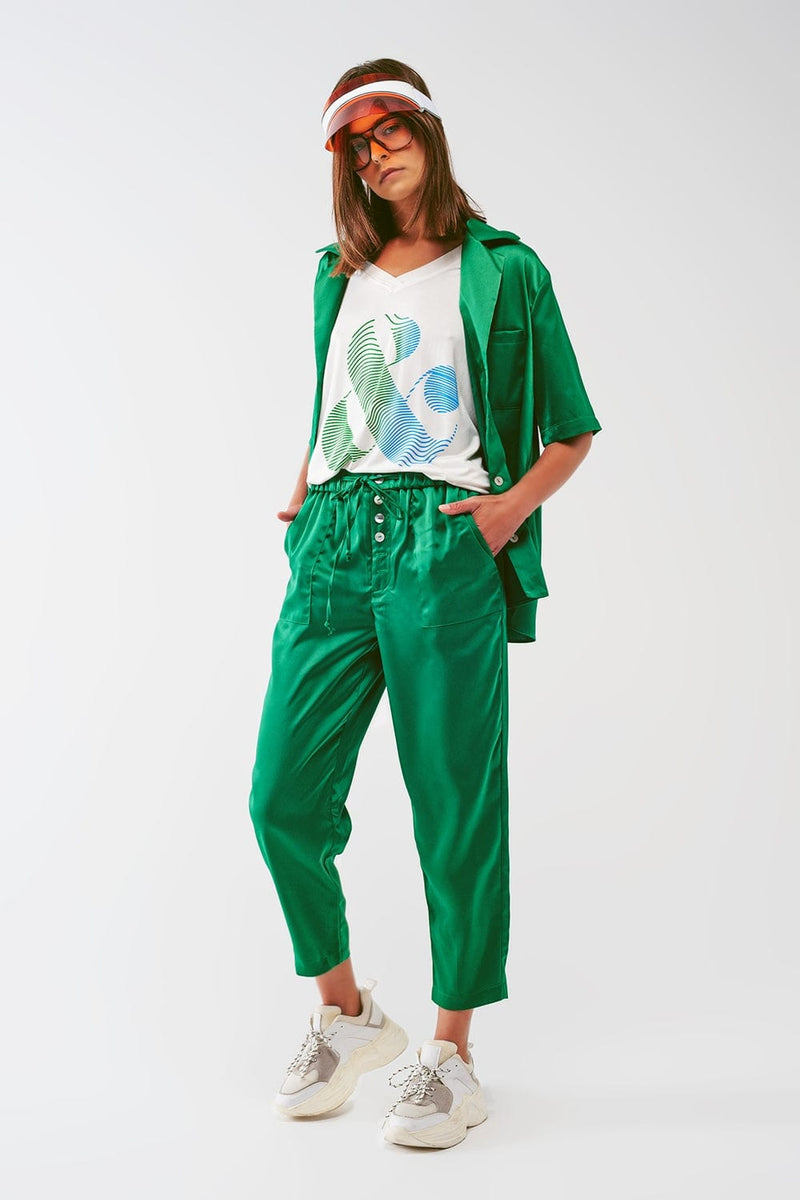 Q2 Women's Blouse Satin Short Sleeve Shirt in Green