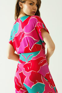 Q2 Women's Blouse Satin Short Sleeves Top With Floral Design And A Knot Detail