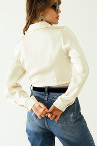 Q2 Women's Blouse Satin V-Neck Cream Crop Top With Long Sleeves And Frontal Pockets