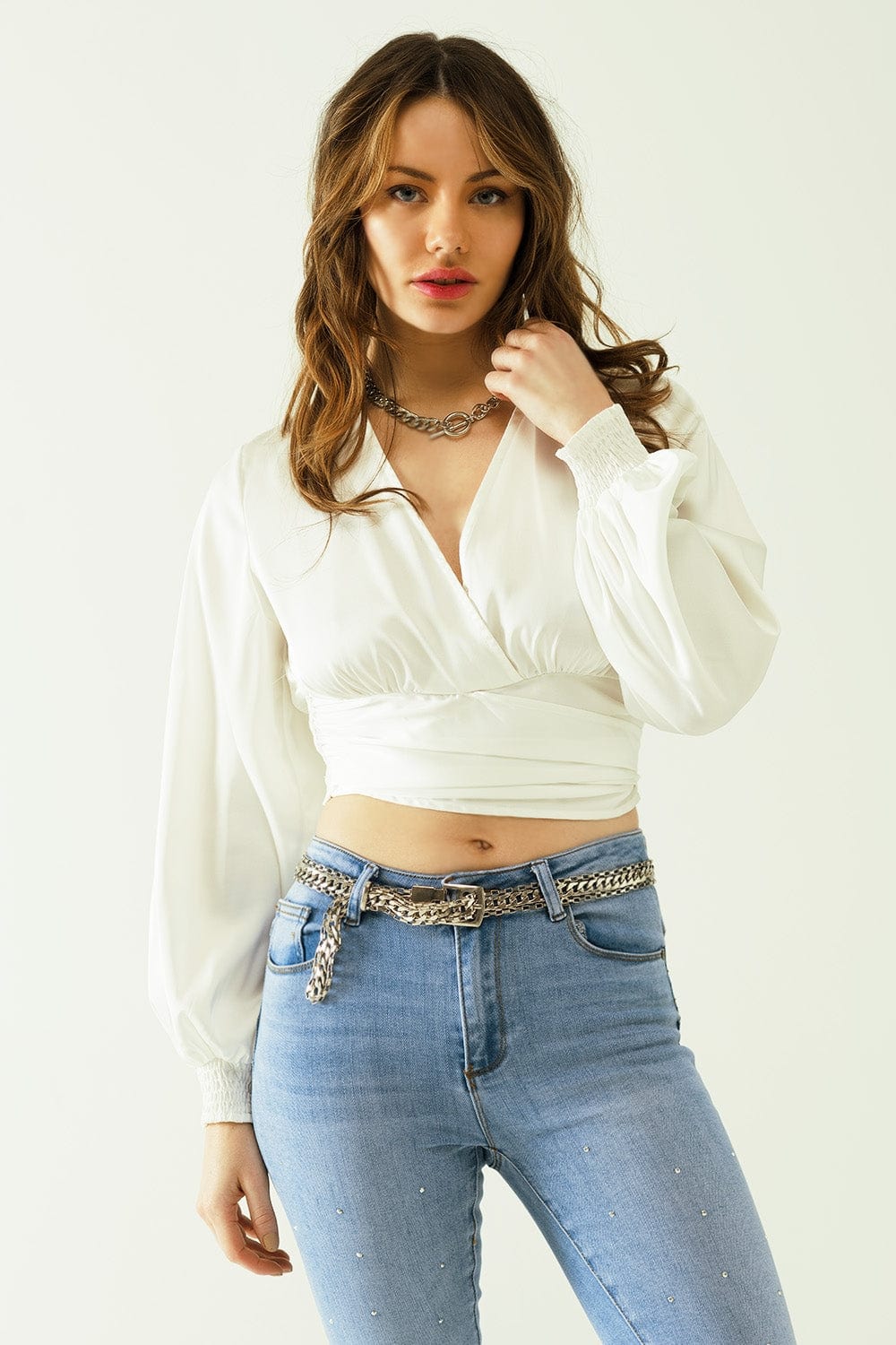 Q2 Women's Blouse Satin Wrap Crop Top Fitted At The Waist In White