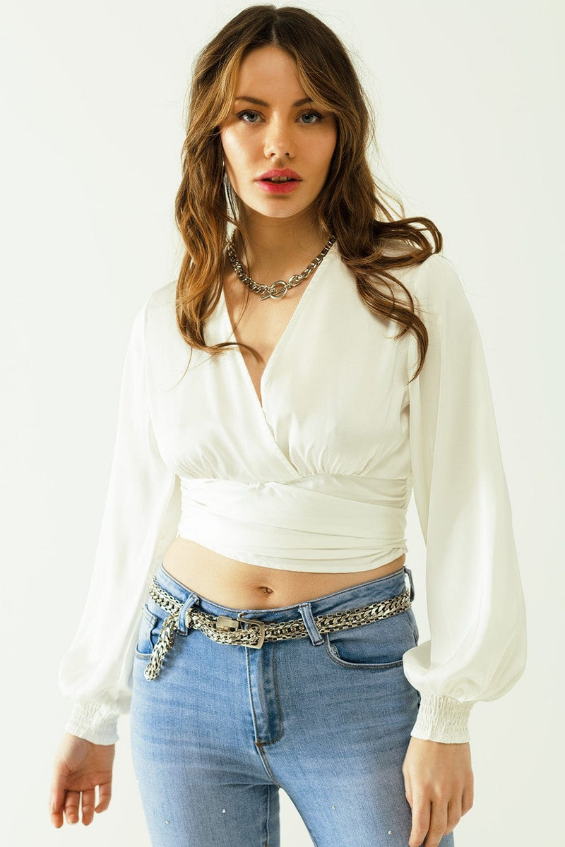 Q2 Women's Blouse Satin Wrap Crop Top Fitted At The Waist In White