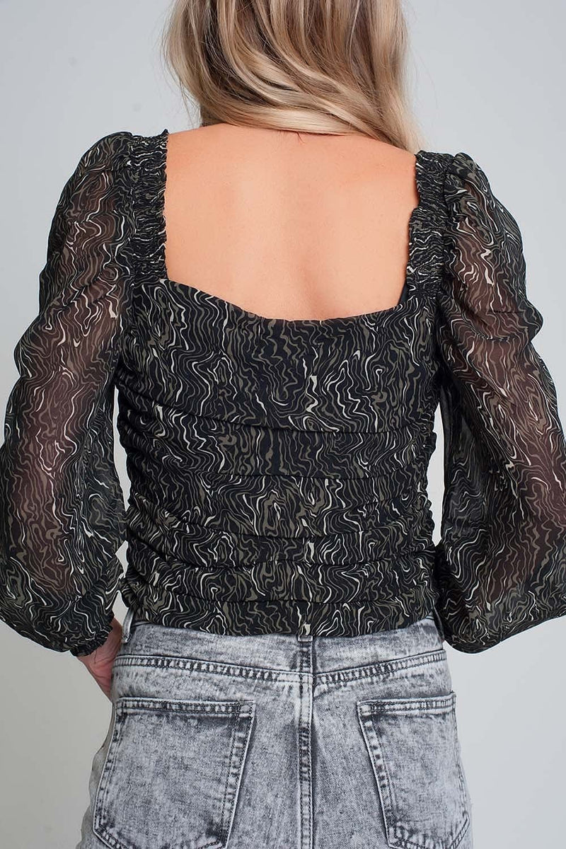 Q2 Women's Blouse See-Through Top with Long Sleeves Geo Print in Black Color with Elastic Cuffs
