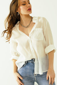 Q2 Women's Blouse Semi Sheer Tencel Shirt With Chest Pocket In White