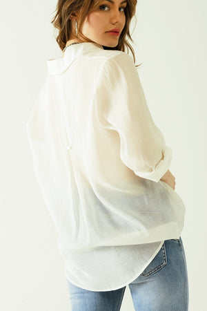 Q2 Women's Blouse Semi Sheer Tencel Shirt With Chest Pocket In White