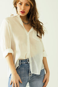 Q2 Women's Blouse Semi Sheer Tencel Shirt With Chest Pocket In White