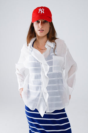 Q2 Women's Blouse Semi Sheer White Blouse With Ruffle Detail Down The Front