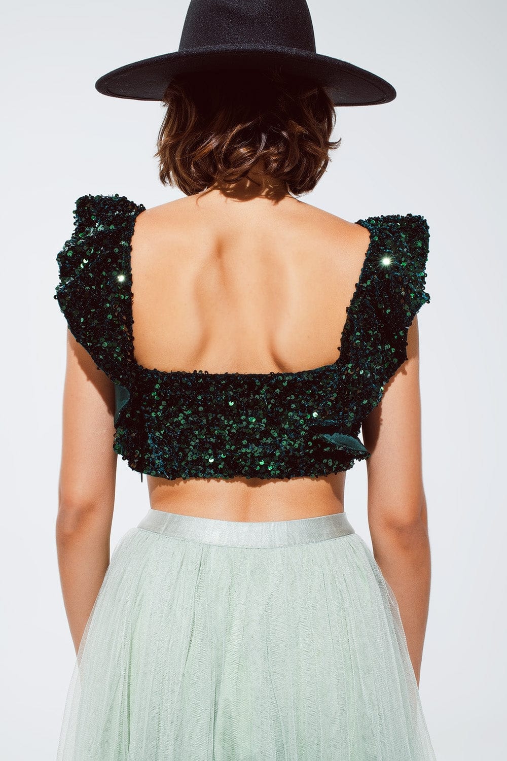 Q2 Women's Blouse Sequin Cropped Top In Green With Wide Straps