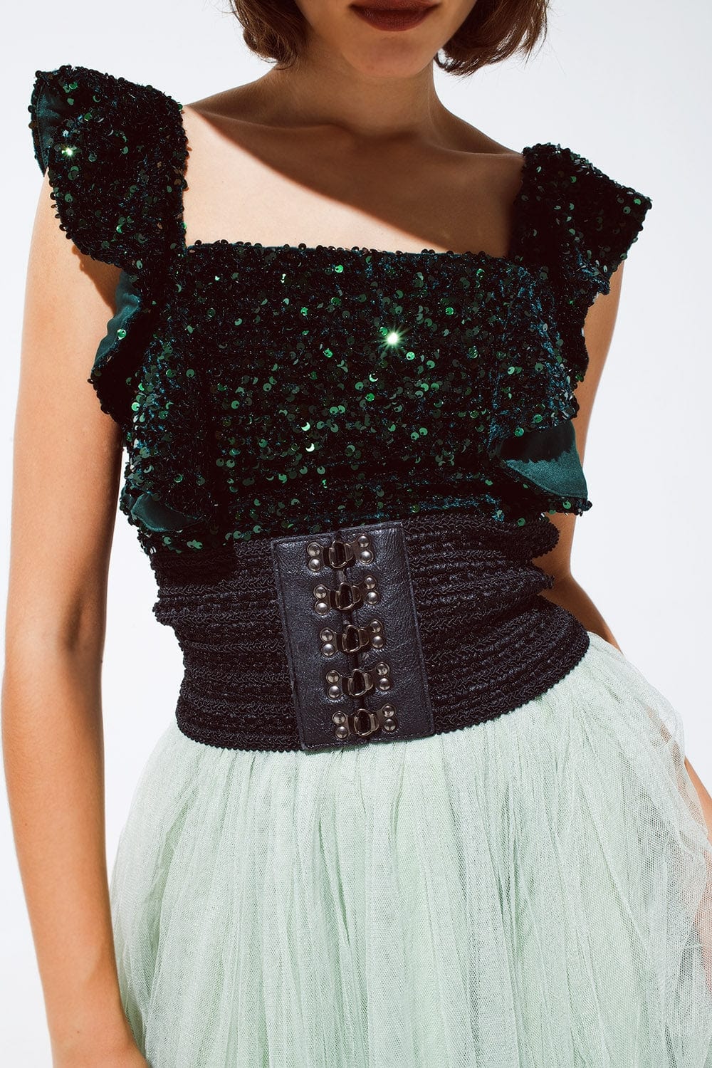 Q2 Women's Blouse Sequin Cropped Top In Green With Wide Straps