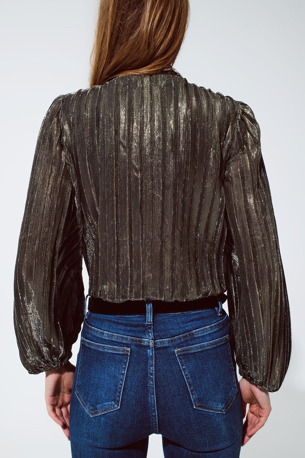 Q2 Women's Blouse Shiny Glitter Body With Deep V Neck In Gold
