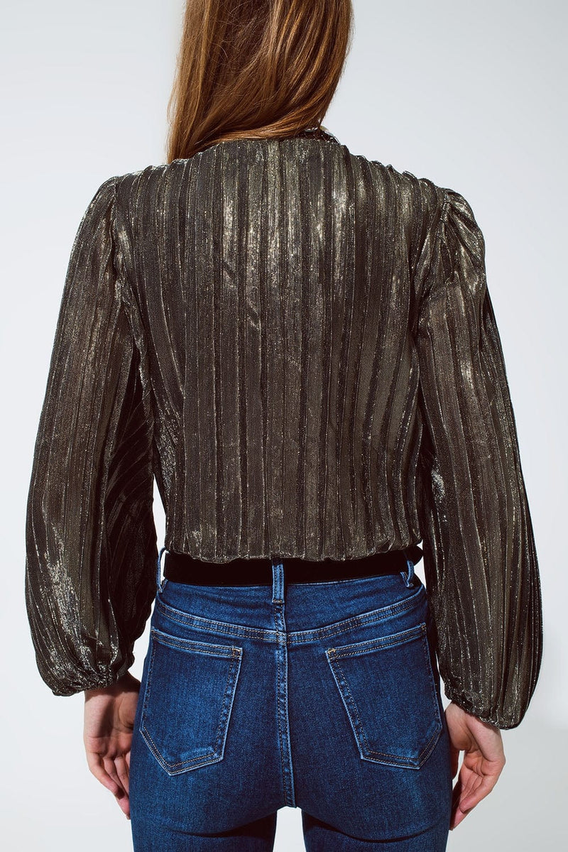 Q2 Women's Blouse Shiny Glitter Body With Deep V Neck In Gold