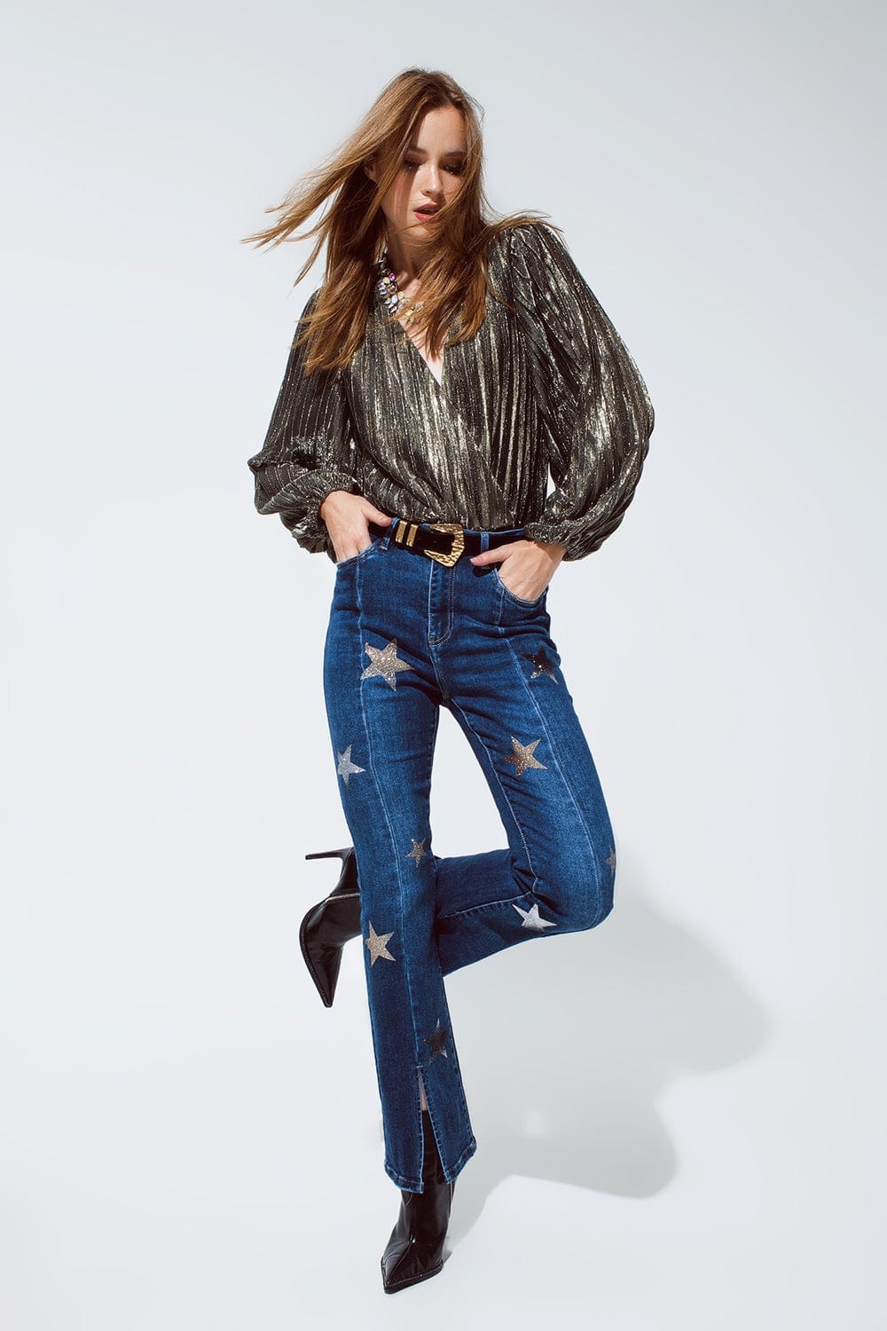 Q2 Women's Blouse Shiny Glitter Body With Deep V Neck In Gold