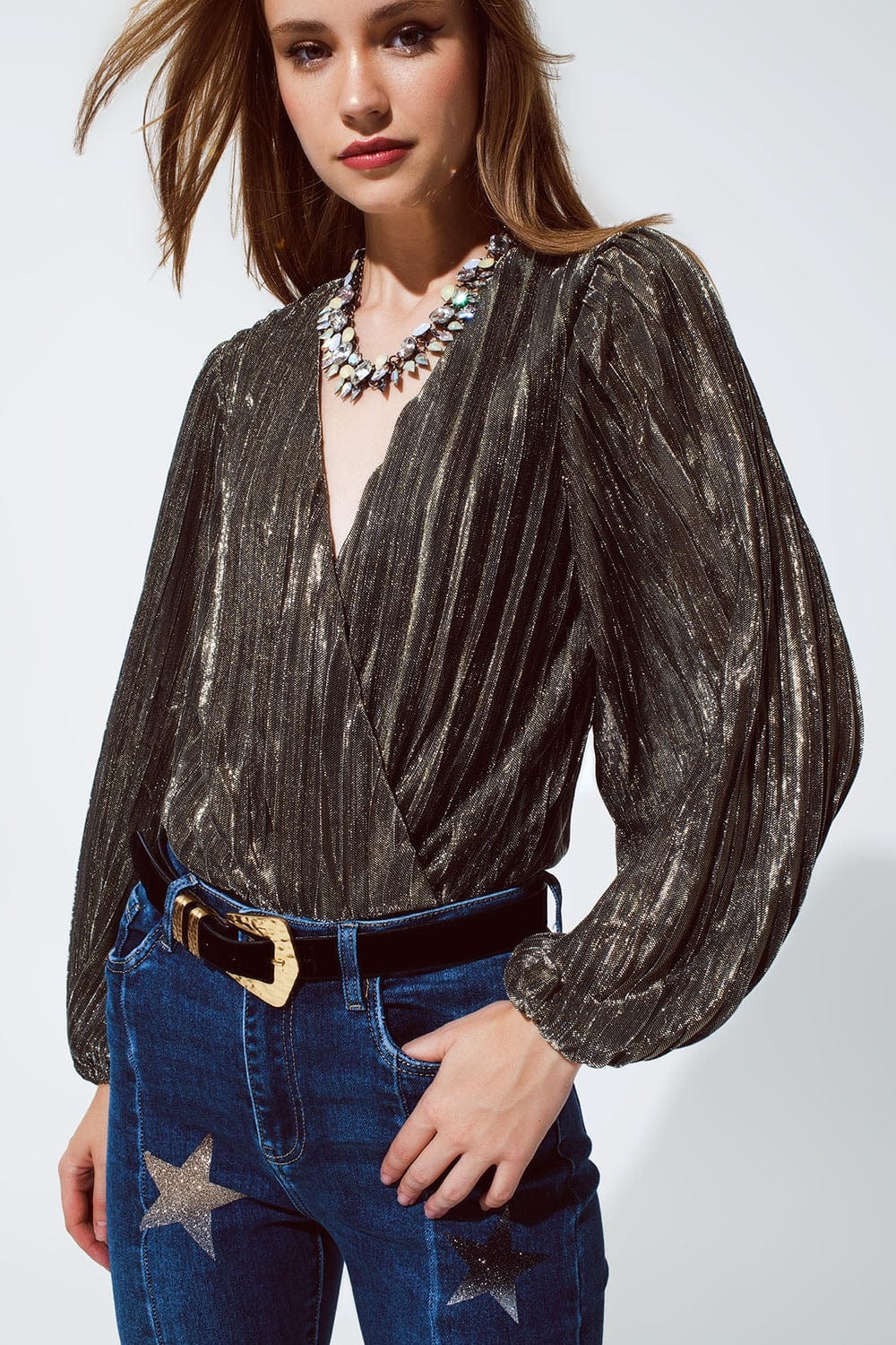 Q2 Women's Blouse Shiny Glitter Body With Deep V Neck In Gold
