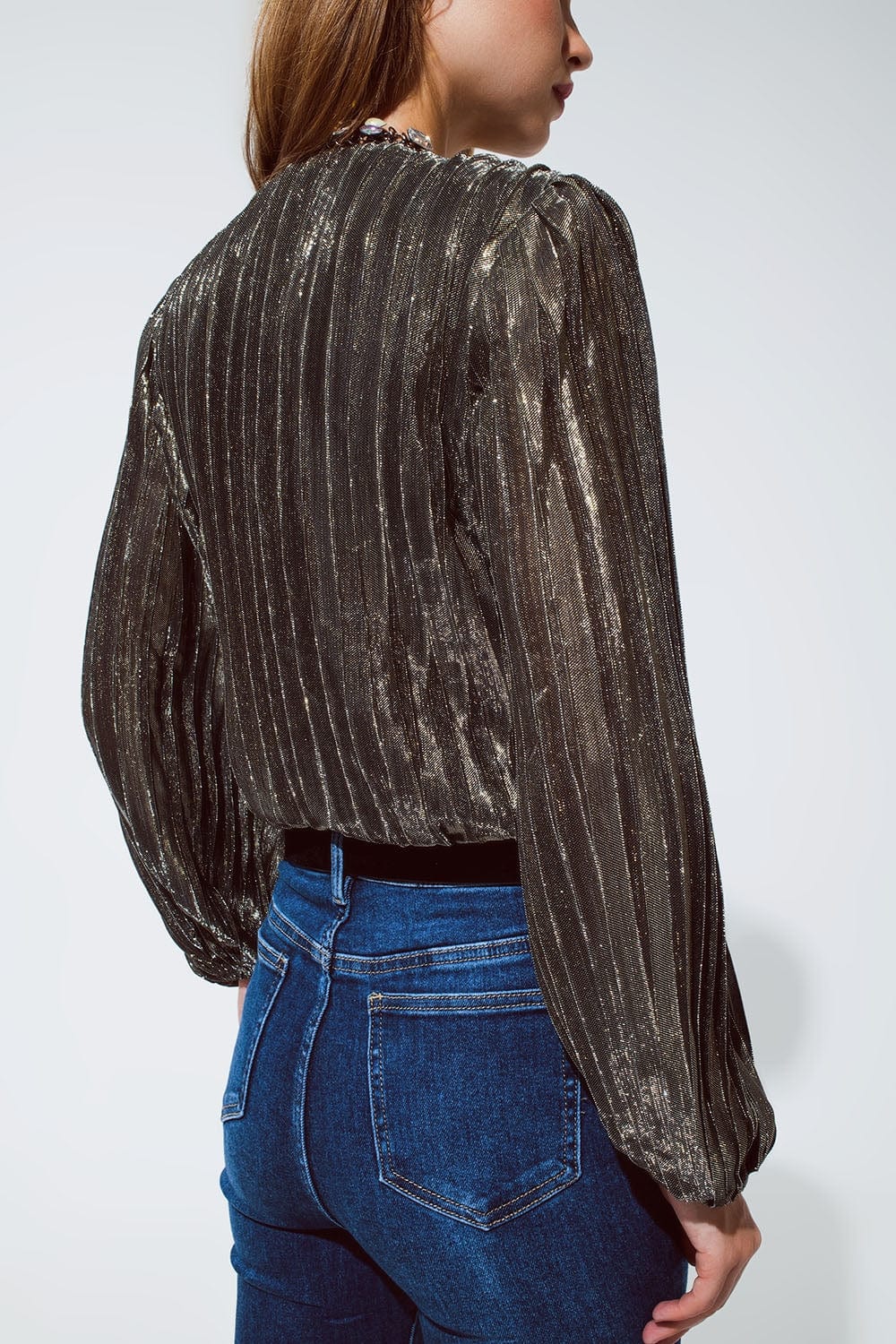 Q2 Women's Blouse Shiny Glitter Body With Deep V Neck In Gold