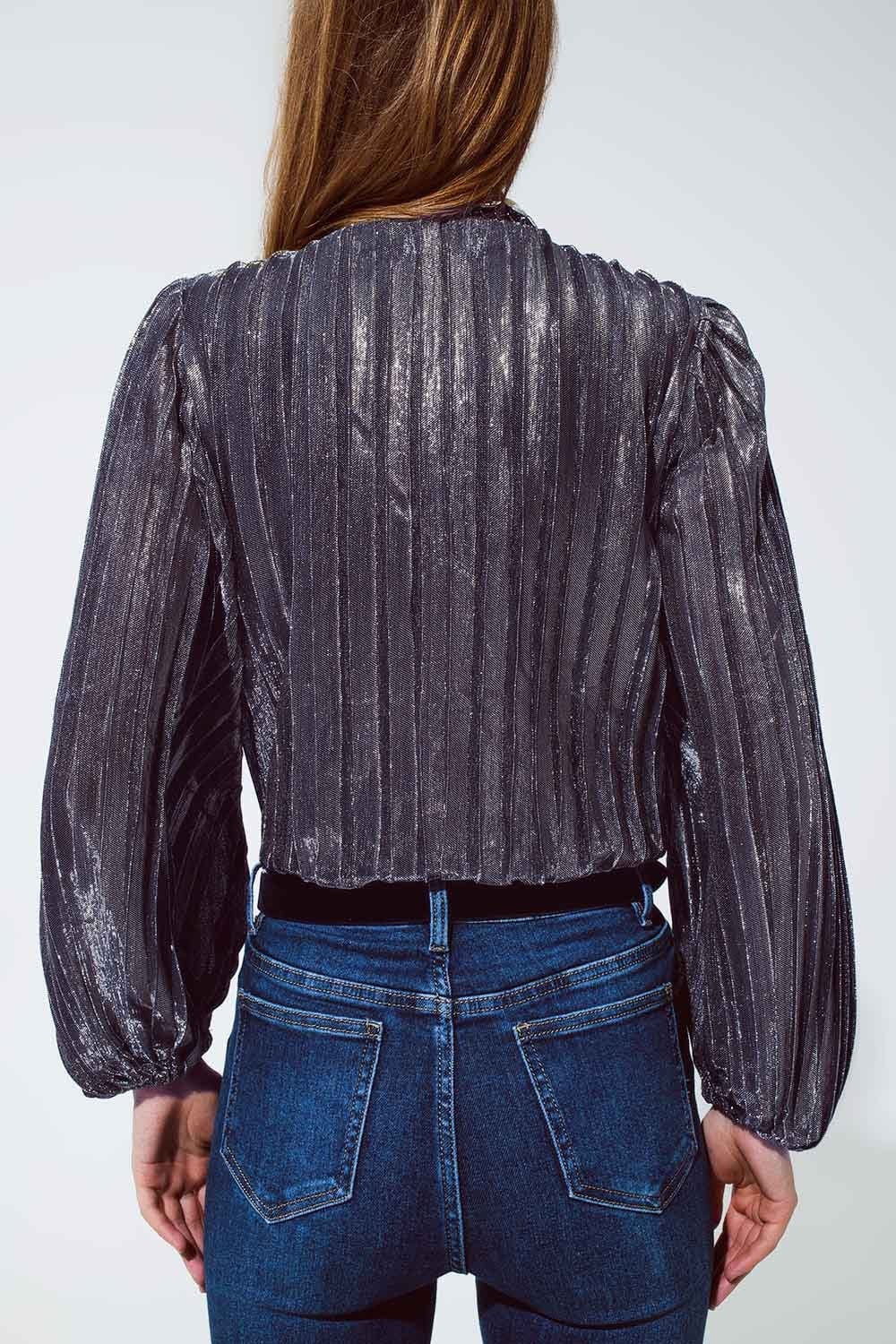 Q2 Women's Blouse Shiny Glitter Body With Deep V-Neck In Silver