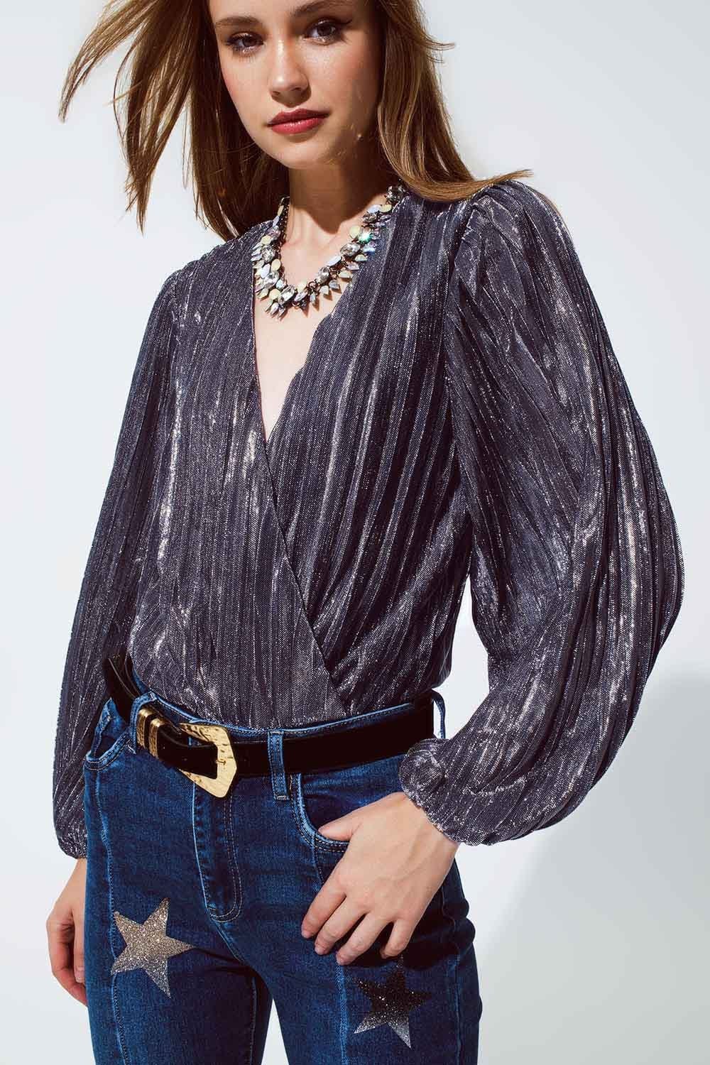 Q2 Women's Blouse Shiny Glitter Body With Deep V-Neck In Silver