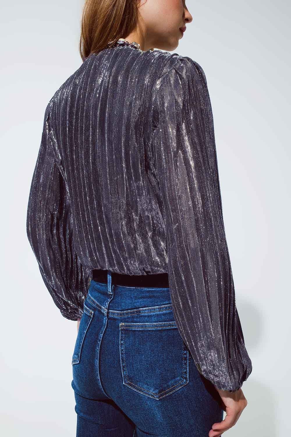 Q2 Women's Blouse Shiny Glitter Body With Deep V-Neck In Silver