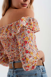 Q2 Women's Blouse Shirred Off The Shoulder Top with Ruffle in Coral Floral Print