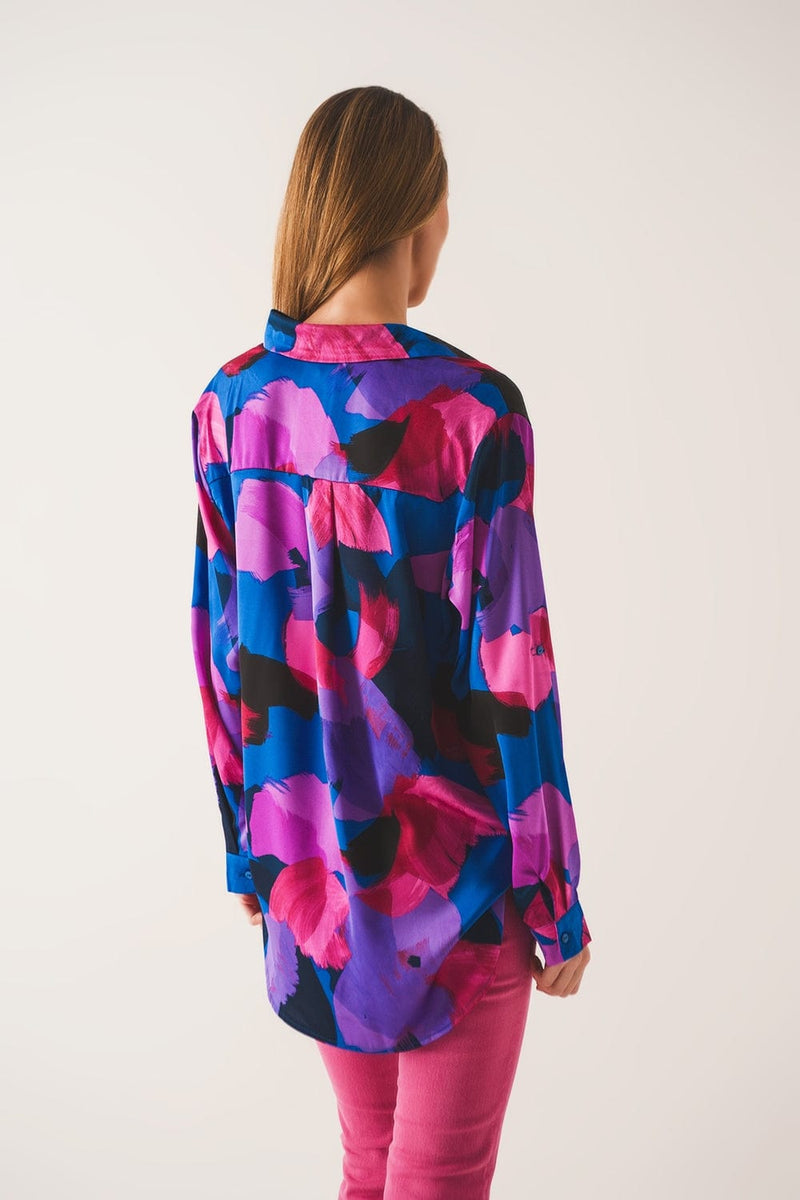 Q2 Women's Blouse Shirt in Purple Floral Print