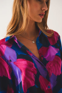 Q2 Women's Blouse Shirt in Purple Floral Print