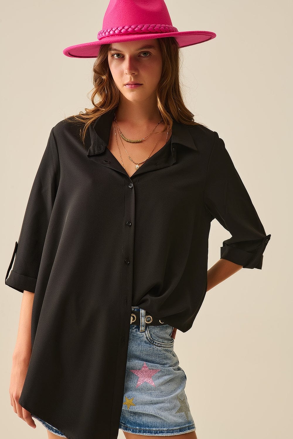 Q2 Women's Blouse Shirt Made Of Very Soft And Light Fabric In Black