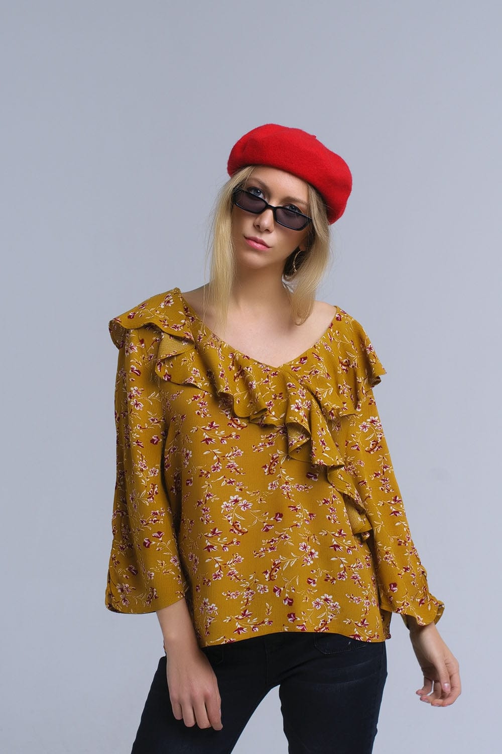 Q2 Women's Blouse Shirt with crossed ruffles in mustard