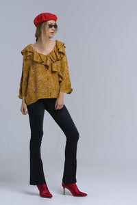 Q2 Women's Blouse Shirt with crossed ruffles in mustard