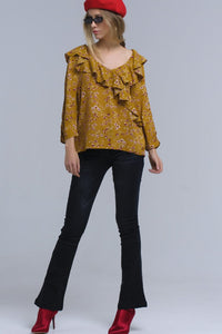 Q2 Women's Blouse Shirt with crossed ruffles in mustard