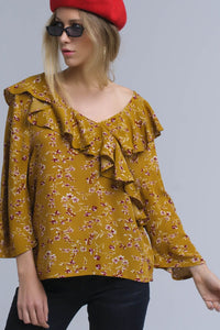 Q2 Women's Blouse Shirt with crossed ruffles in mustard