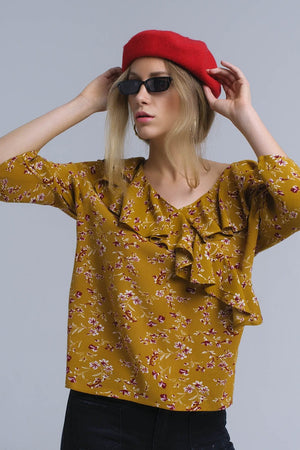 Q2 Women's Blouse Shirt with crossed ruffles in mustard