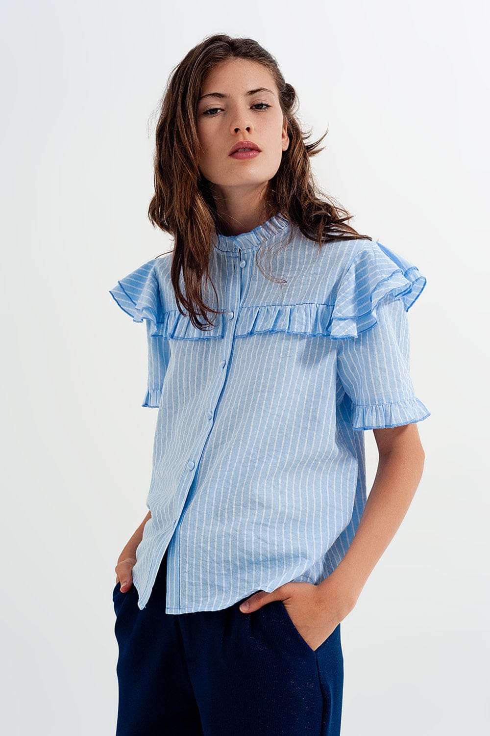 Q2 Women's Blouse Shirt with Frill Detail in Blue