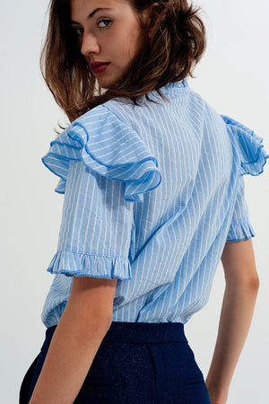 Q2 Women's Blouse Shirt with Frill Detail in Blue