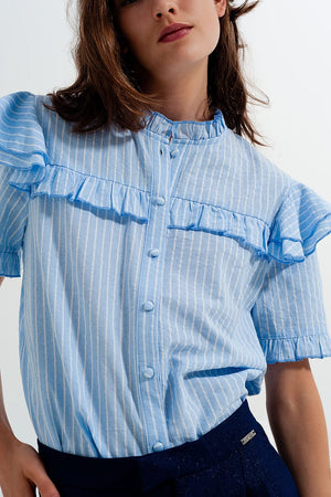 Q2 Women's Blouse Shirt with Frill Detail in Blue