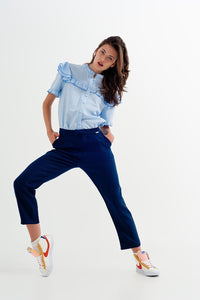 Q2 Women's Blouse Shirt with Frill Detail in Blue