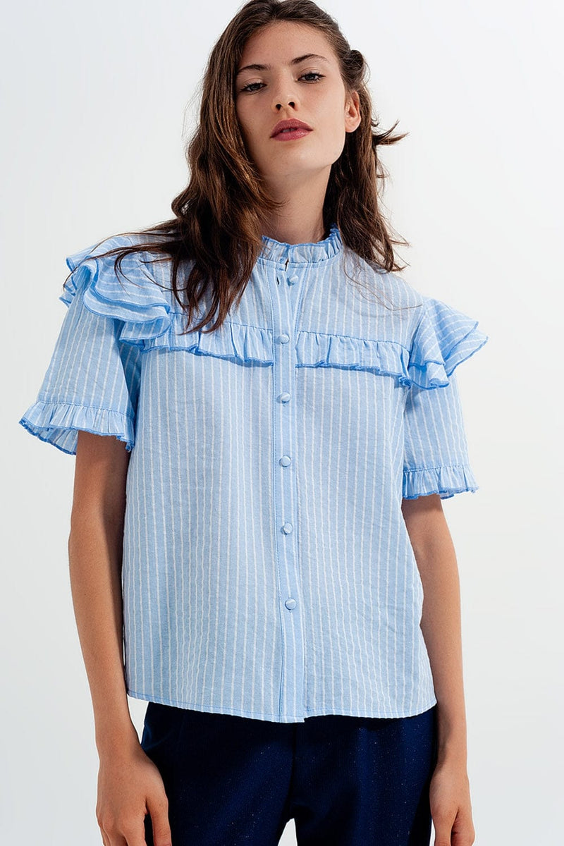 Q2 Women's Blouse Shirt with Frill Detail in Blue