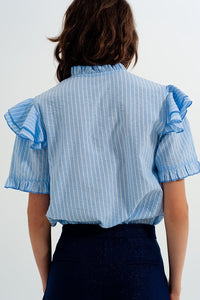 Q2 Women's Blouse Shirt with Frill Detail in Blue