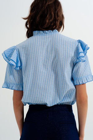 Q2 Women's Blouse Shirt with Frill Detail in Blue