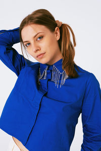 Q2 Women's Blouse Shirt With Fringe Strass Collar In Blue