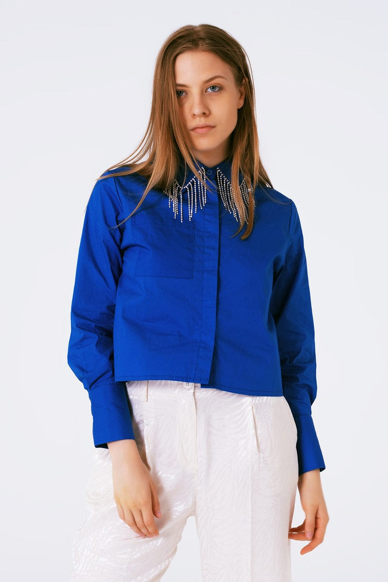 Q2 Women's Blouse Shirt With Fringe Strass Collar In Blue