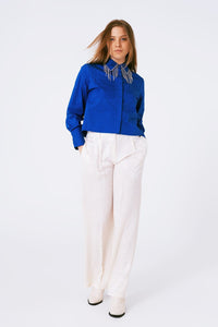 Q2 Women's Blouse Shirt With Fringe Strass Collar In Blue