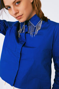 Q2 Women's Blouse Shirt With Fringe Strass Collar In Blue